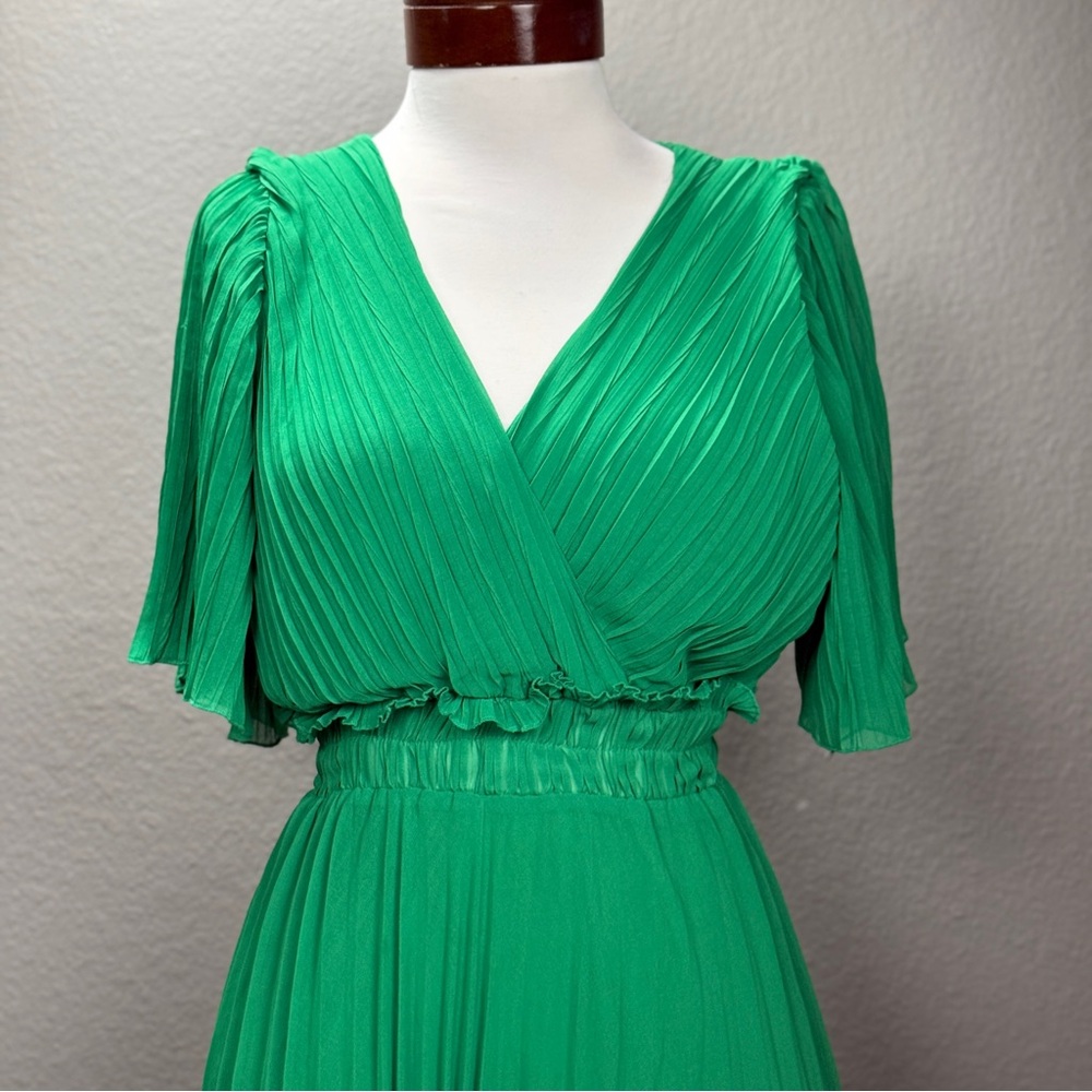 Zara Green V-neck Pleated Pull over Midi Dress Sz XS Flowing Party - Picture 4 of 8